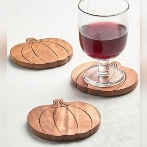 Charter Club Harvest Pumpkin Acacia Wood Coasters Set of 4 NWOT